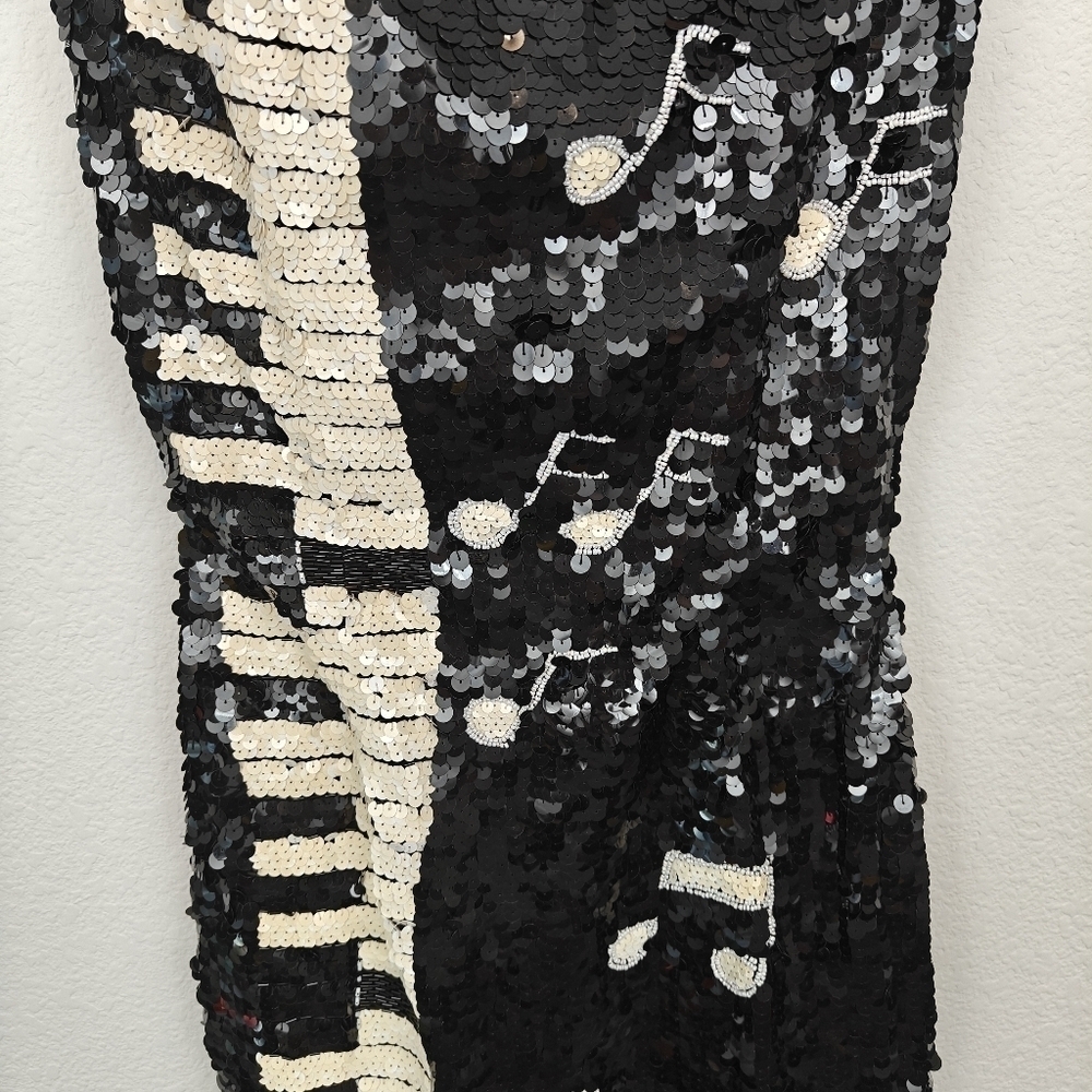 Vintage 1980s Black White Piano Keys Off Shoulder Sequin Beaded Mini Dress SM - Picture 9 of 16